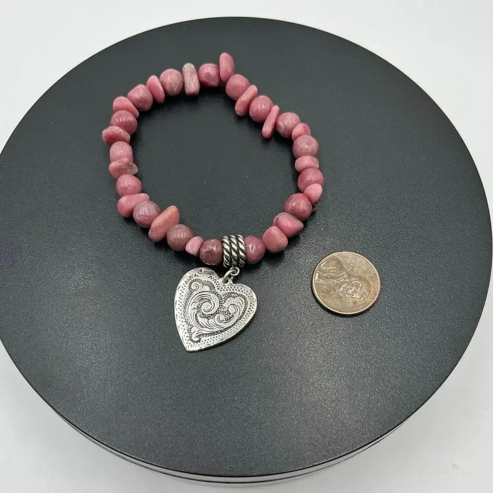 Relios Carolyn Pollack Sterling Heart Charm Rhodonite Pink Bead Stretch Bracelet
